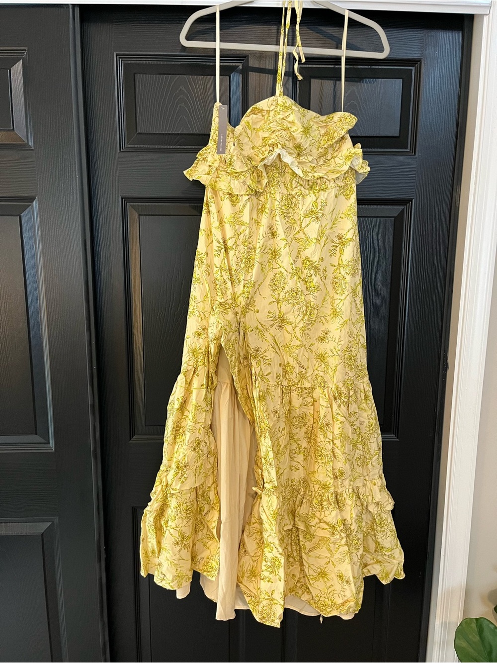 Hutch Yellow Floral Ruffle Maxi Dress with Leg Cut-Out and Tie Neck